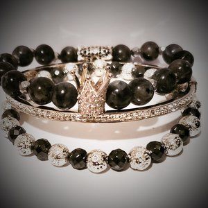 Larvikite  " Silver" Crown Bracelet Set